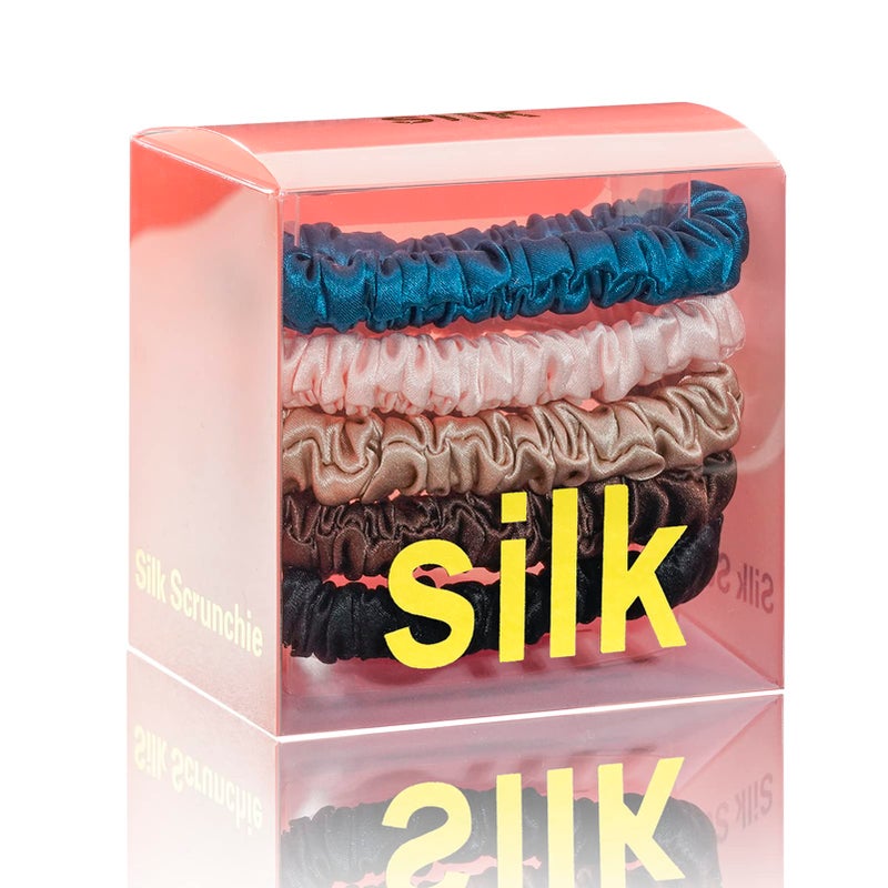 Silmer Silk Scrunchies Hair Tie 22 Momme 100 Mulberry 5 PackPeacock bluePinkApricot Dark coffee Black
